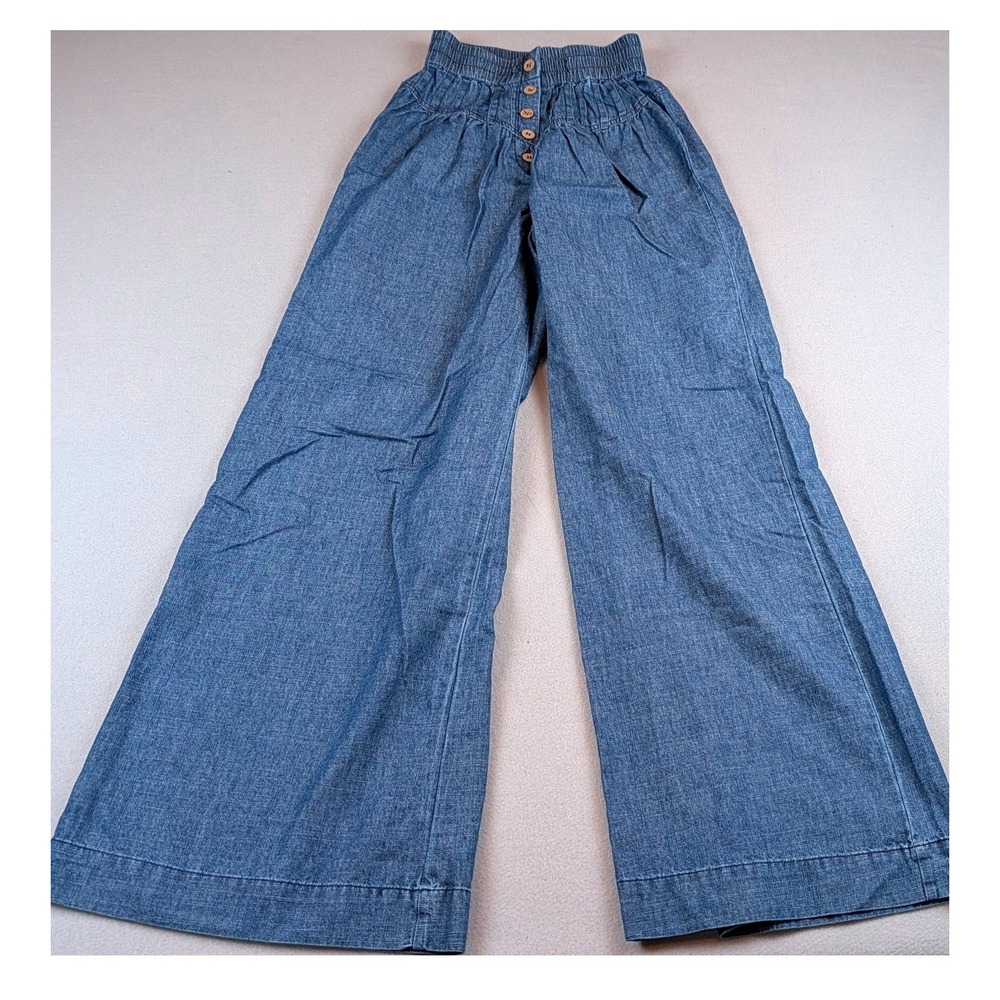 Altar'd State Womens XS Blue Chambray Wide Leg Pants High Waist Button Front